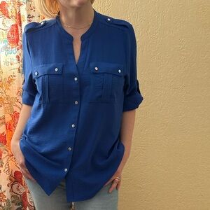 Calvin Klein Cobalt Blue Blouse with Button Accents